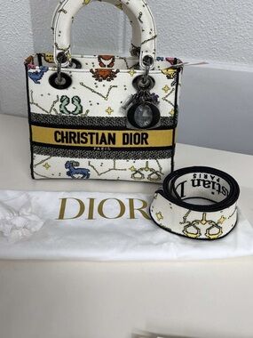 Dior White Zodiac Motif Mini Lady Dior with Yellow Logo Band